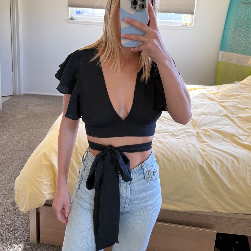 Black Ruffle Wrap Top - Picture 2 of 3